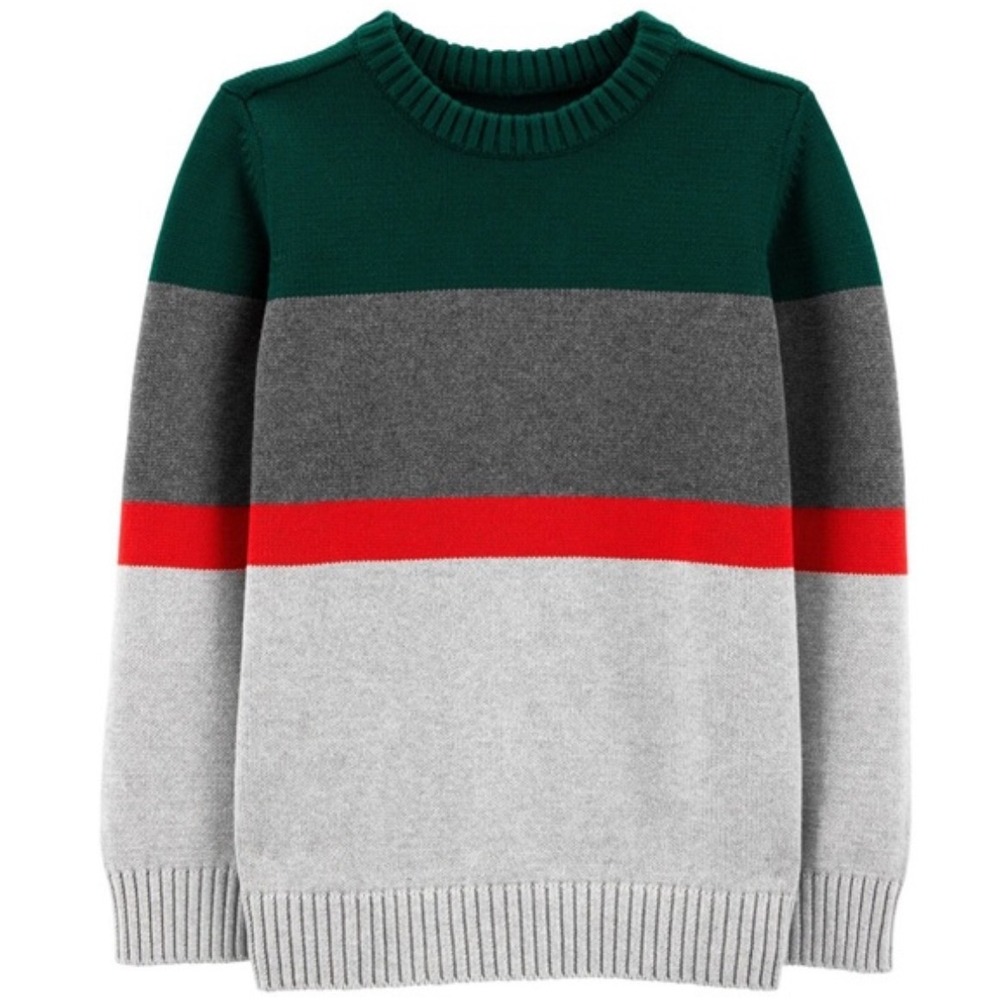 NWOT Carters Boys Green Gray Red Striped Crew Neck Sweater Size 3T - Picture 1 of 6